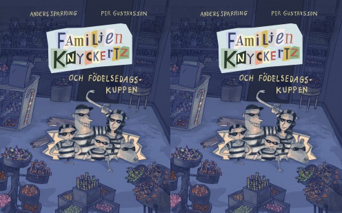 Familjen Knyckertz bryter sig in från en lucka i golvet. De är klädda svartvitrandiga tjuvkläder.