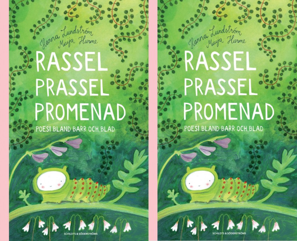 Gröna blad snirklar sig omkring en tecknad larv.