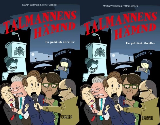Omslaget till boken, där det syns massa reportrar som försöker intervju en person i kostym.