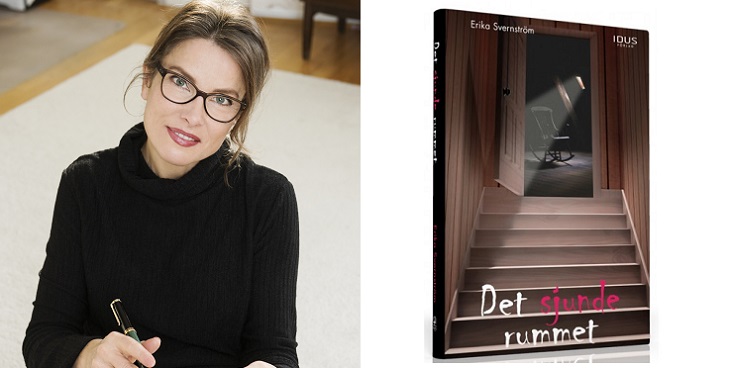 Två ihopsatta bilder. Bilden till vänster är Erika. Hon har en svart tröja med polokrage, långt hår i hästsvans, svarta stora glasögon och läppstift. I handen håller hon en bok och en penna och hon tittar in i kameran. Till höger syns en bild på omslaget till boken. Det är mörkt och mystiskt med en trappa i halvskugga.