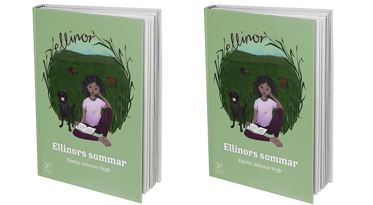 Bild av boken som står på högkant. Ellinor sitter på en äng med gräs med en bok uppslagen i knät. Bredvid står en liten hund med tungan som hänger ut.