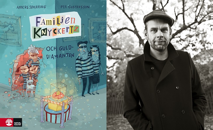 En bild på omslaget på boken och en bild på författaren. Bokomslaget är tecknat där det kikar ut två barn och en gammal tant ur ett hål i väggen. Runt hörnet står en kvinna och en man och gömmer sig. Alla har randiga kläder. Mitt framför dem alla är en glaslåda med en guldig diamant. Författaren står utomhus. Han har en jacka med knappar och en basker. Han har kort skägg och rynkor i pannan.