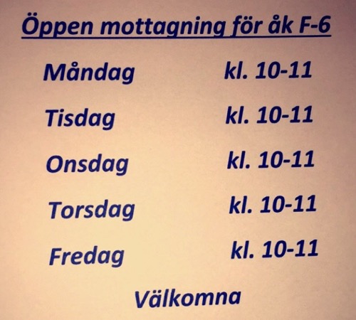 Skolsköterskans schema. Klockan 10 till 11 varje dag.