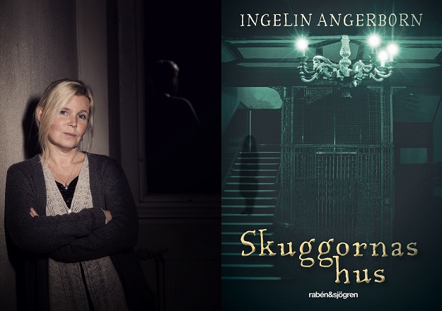 Två bilder där den till höger visar författaren. Hon har blont hår i en tofs och står lutade mot en vägg i ett mörk rum. Den andra bilden föreställer bokens framsida som har en mörk hiss och en ljuskrona.