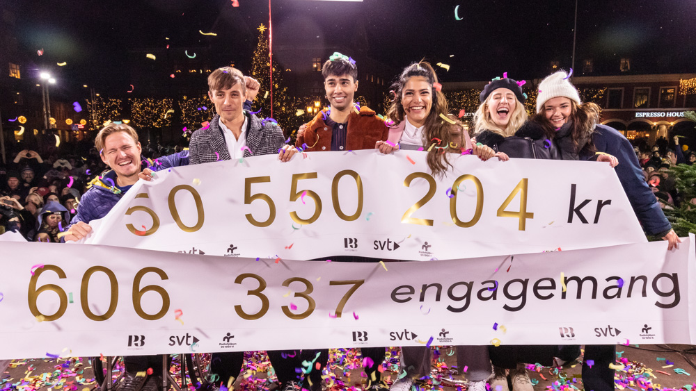 Programledarna håller stora skyltar där det står hur mycket pengar och hur många engagemang det varit i Musikhjälpen i år. Runt dem regnar det konfetti.