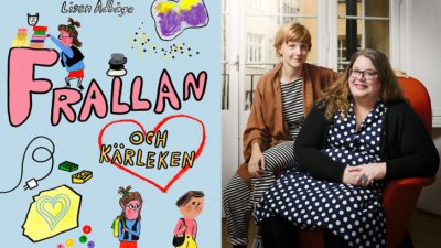 En bild på boken och en på författarna. På boken syns Frallan klättra runt på bokens titel och Frallan stå och titta efter Ester. Författarna sitter på en altan. Den enda har långt går i tofs och ser ganska ung ut. Den andra har prickig klänning. långt hår och glasögon.