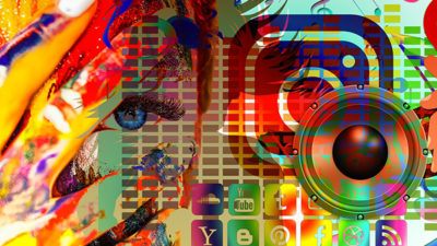 en färgglad bild där loggor från flera olika sociala medier syns.