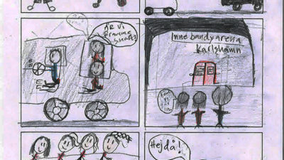 En ritad serie med sex bilder.