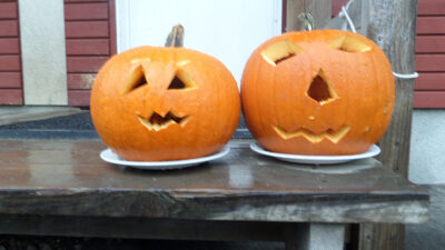 Två halloweenåumpor på ett bord.